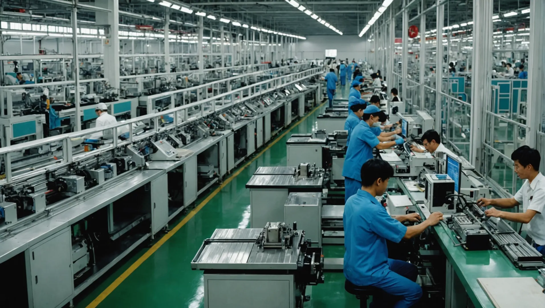 A modern air purifier factory in Vietnam with workers assembling units.